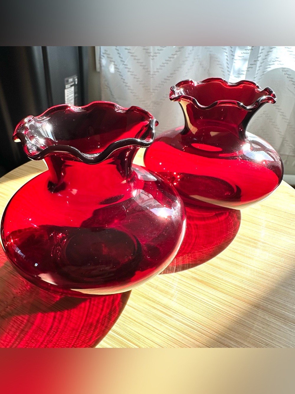Ruby Red Glass Ruffle Top Vases MCM by Anchor Hocking